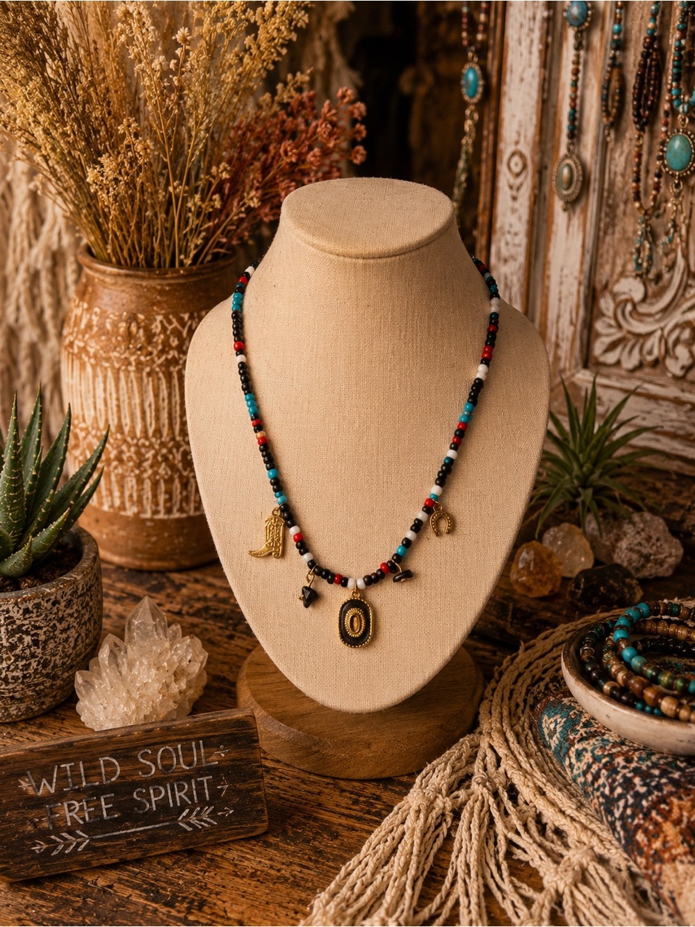 Western Boho Beaded Charm Necklace Cowboy Boot Horseshoe & Turquoise Gold 17”